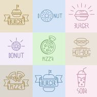 Vector fast food design elements Linear style Outline emblems N2