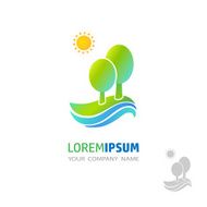 Vector icon with green land river sun and trees