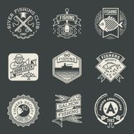 Fishing Assorted Retro Design Insignias Logotypes Set On Dark
