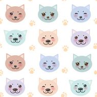 seamless pattern funny cat muzzle and paw prints white background