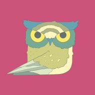 Hand drawn flat square icon owl isolated on purple background