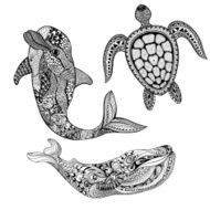 Zentangle stylized set sea animals Black dolphin whale and tur N2