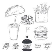 Sketched fast food set in black and white Hand drawn N2