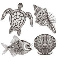 Zentangle stylized black sea shells fish and turtle Hand Drawn N2