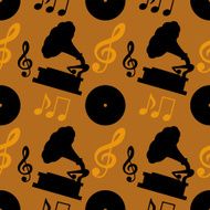 Seamless pattern with musical notes treble clef gramophone vinyl record