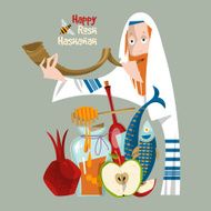Happy Rosh Hashanah Jewish New Year Orthodox jewish man holds shofar
