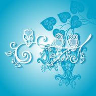 Three Owls on Ornate Branch (Vector)