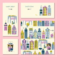 Set of 4 universal cards with old European style buildings N2
