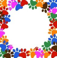 Colored pawprints frame on white background