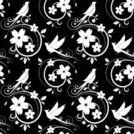 White birds and blossoms seamless pattern on black