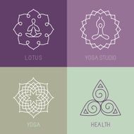 Vector yoga icons and round line badges