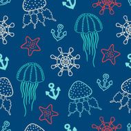 Seamless pattern with sea animals anchors and helms N3