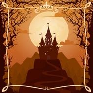 Vector background with castle on the hill and calligraphic frame
