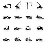 Silhouette of construction vehicles on white
