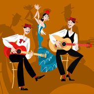 Flamenco Dancing girl and two men playing a guitar N2