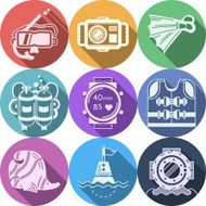 Colored flat vector icons for diving