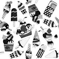 Different flavors of ice cream Black white Seamless background pattern N2