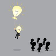 bulb businessman flying away with thebulb balloon