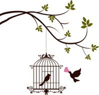 tree silhouette with birds flying and bird in a cage N2