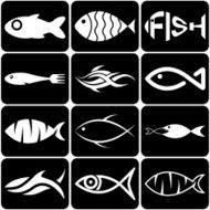 Set of creative white fish icons on black background