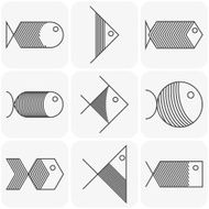 Set of vector black fish icons on white background N2