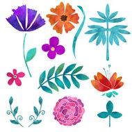 Hand painted floral watercolor set flowers and leaves N4