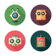 Set of robot heads flat round icons with long shadows N2