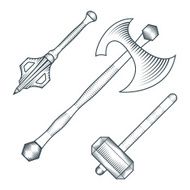 medieval axe warhammer mace engraving style illustration