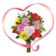 bouquet of roses with a pink ribbon