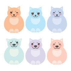 set sitting funny fat cats pastel colors on white background