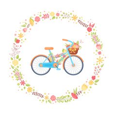 Colorful flat elegant bicycle with flowers in the basket N2