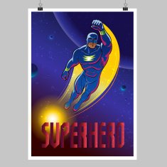 Superhero in action flying space Poster layout