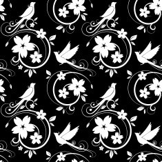 White birds and blossoms seamless pattern on black