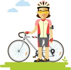 Young racing cyclist woman with bike in flat style N3