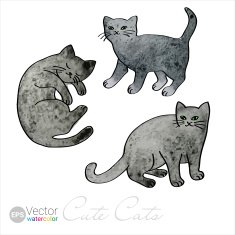 Vector Watercolor Cute Gray Cats Set of Three Painted Illustrations