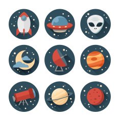 Astronomic round set of flat space icons N2