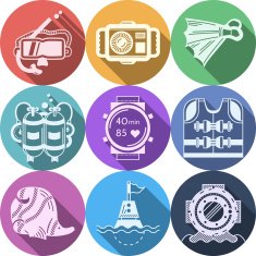 Colored flat vector icons for diving