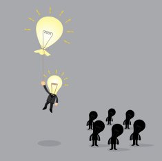 bulb businessman flying away with thebulb balloon