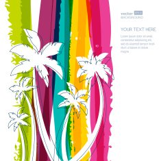 Vector palm tree silhouette and rainbow stripes watercolor background