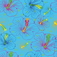 seamless blue background with hibiscus flowers of different colors