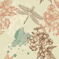 Seamless floral background with flying dragonflies hand-drawing Vector