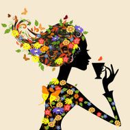 girl in a pattern of flowers with cup