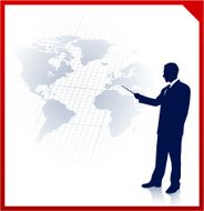 Young businessman pointing at world map