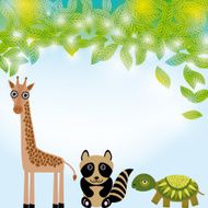 Giraffe raccoon and turtle funny cartoon animals character Summer background