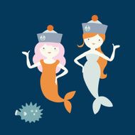 Cute mermaids and diodon fish