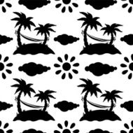 Seamless pattern with coconut palm trees clouds hammock sun N5