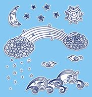 Blue sky set moon stars funny clouds