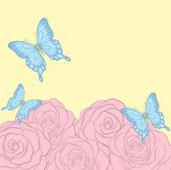 background for greeting cards and text with butterflies roses N2