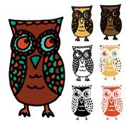Cartoon Owl with Variations - Stencil silhouette and Colored Versions N4
