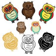 Cartoon Owl with Variations - Stencil silhouette and Colored Versions N5